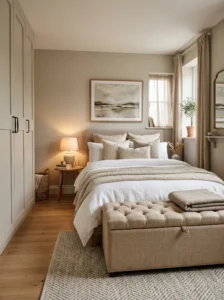 Storage bench used in a bedroom with no closet