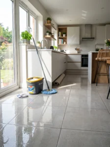 “Clean kitchen floor after deep cleaning and mopping”