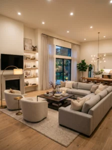 “Large sectional sofa in an open-concept family room”