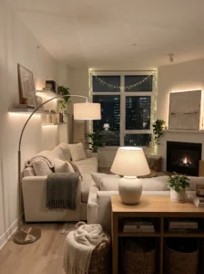 “Layered lighting making a dark living room feel warm and bright”