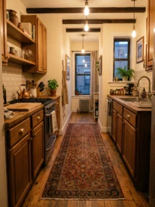 “Vintage runner rug making a small rental kitchen feel cozy and expensive”