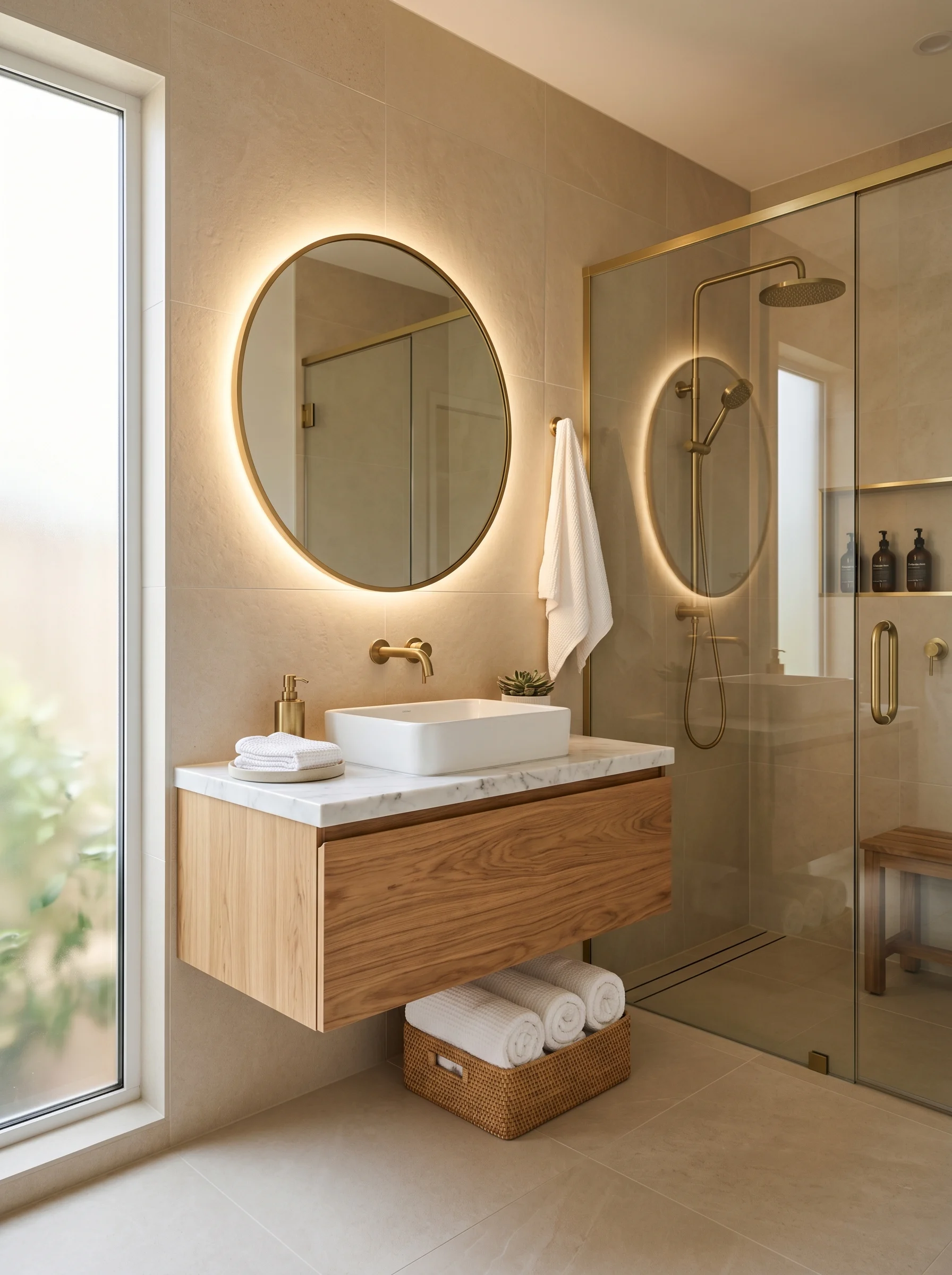 Modern luxury bathroom remodel with floating wood vanity, frameless glass shower, warm lighting, and neutral spa-inspired design.