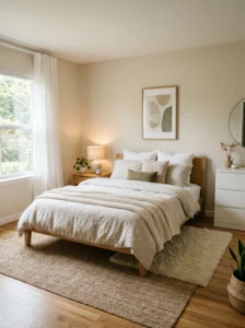 “Minimal relaxing bedroom with neutral colors and textured decor”