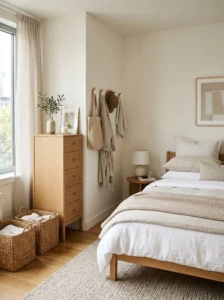 Minimalist organized bedroom without a closet