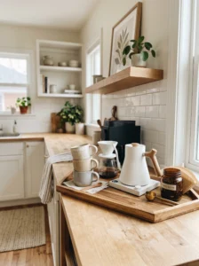 “Organized coffee station in a stylish rental kitchen”