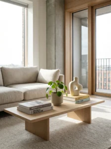 “Minimalist coffee table styling with books and decorative objects”