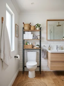 “Bathroom using over-the-toilet storage rack for organization”