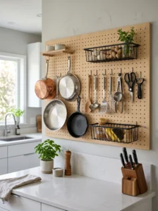 “Kitchen pegboard wall for extra storage”