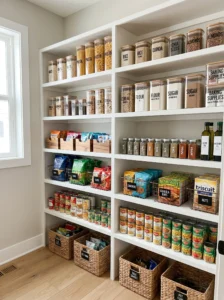 “Clean and organized pantry shelves with labeled food containers”