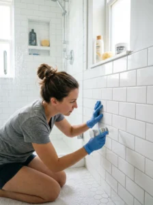 Applying grout sealer to protect bathroom tile grout