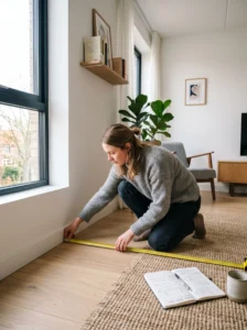 “Measuring living room space before buying a sofa”