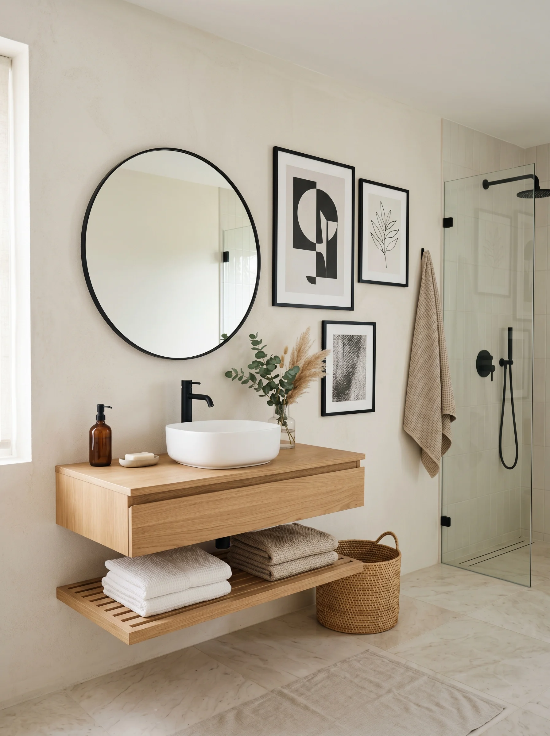 Modern luxury bathroom with stylish wall art, floating wood vanity, neutral decor, and spa-inspired design.