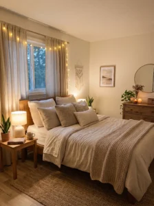 “Small bedroom transformed with decluttering and soft decor”