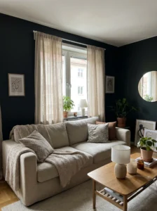 “Sheer curtains helping brighten a dark living room naturally”