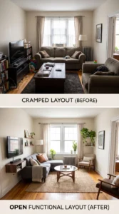“Before and after small living room furniture arrangement”