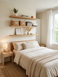 Floating shelves used for storage in a bedroom without closet space