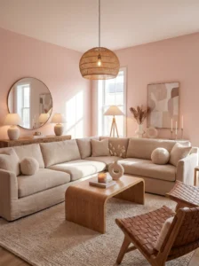 Elegant blush pink living room with warm neutral furniture