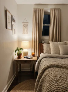 “Cozy bedroom corner with warm lighting and soft textures”