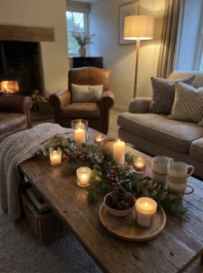 “Cozy coffee table styling with candles and textured decor in a warm living room”