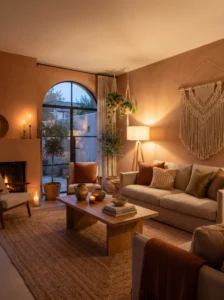 Terracotta painted living room with warm earthy interior decor