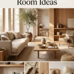 Luxury Japandi living room collage with warm wood furniture, neutral decor, and minimalist styling for