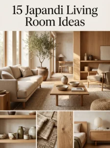 Luxury Japandi living room collage with warm wood furniture, neutral decor, and minimalist styling for