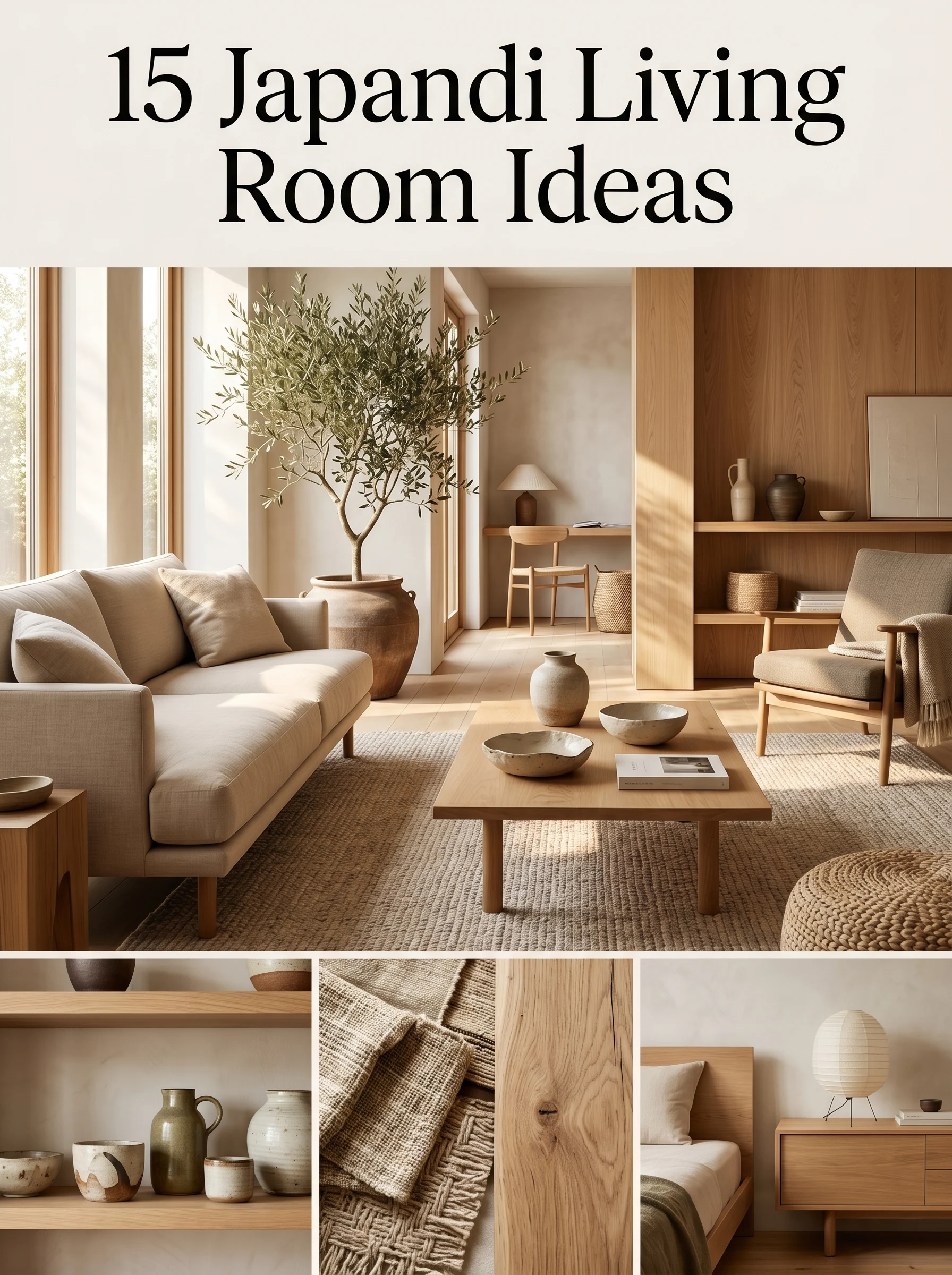 Luxury Japandi living room collage with warm wood furniture, neutral decor, and minimalist styling for