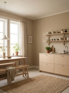 Scandinavian kitchen with subtle linen-textured wallpaper and neutral decor.