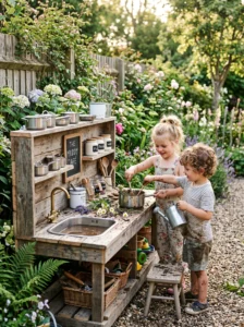 DIY mud kitchen made from reclaimed wood in a backyard garden with children's play accessories