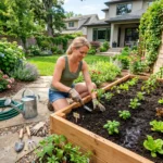 "DIY raised garden bed being built in a backyard with fresh soil and gardening tools."