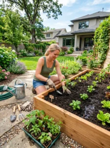 "DIY raised garden bed being built in a backyard with fresh soil and gardening tools."
