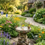 DIY bird bath in a colorful backyard garden attracting birds on a sunny day.