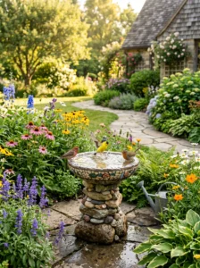 DIY bird bath in a colorful backyard garden attracting birds on a sunny day.