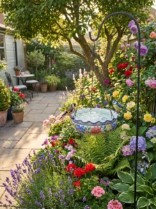 Small garden with a hanging bird bath attracting birds among flowers and greenery.