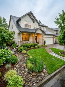 "Modern home with effective downspout drainage solutions protecting the foundation and landscaping from rainwater damage."