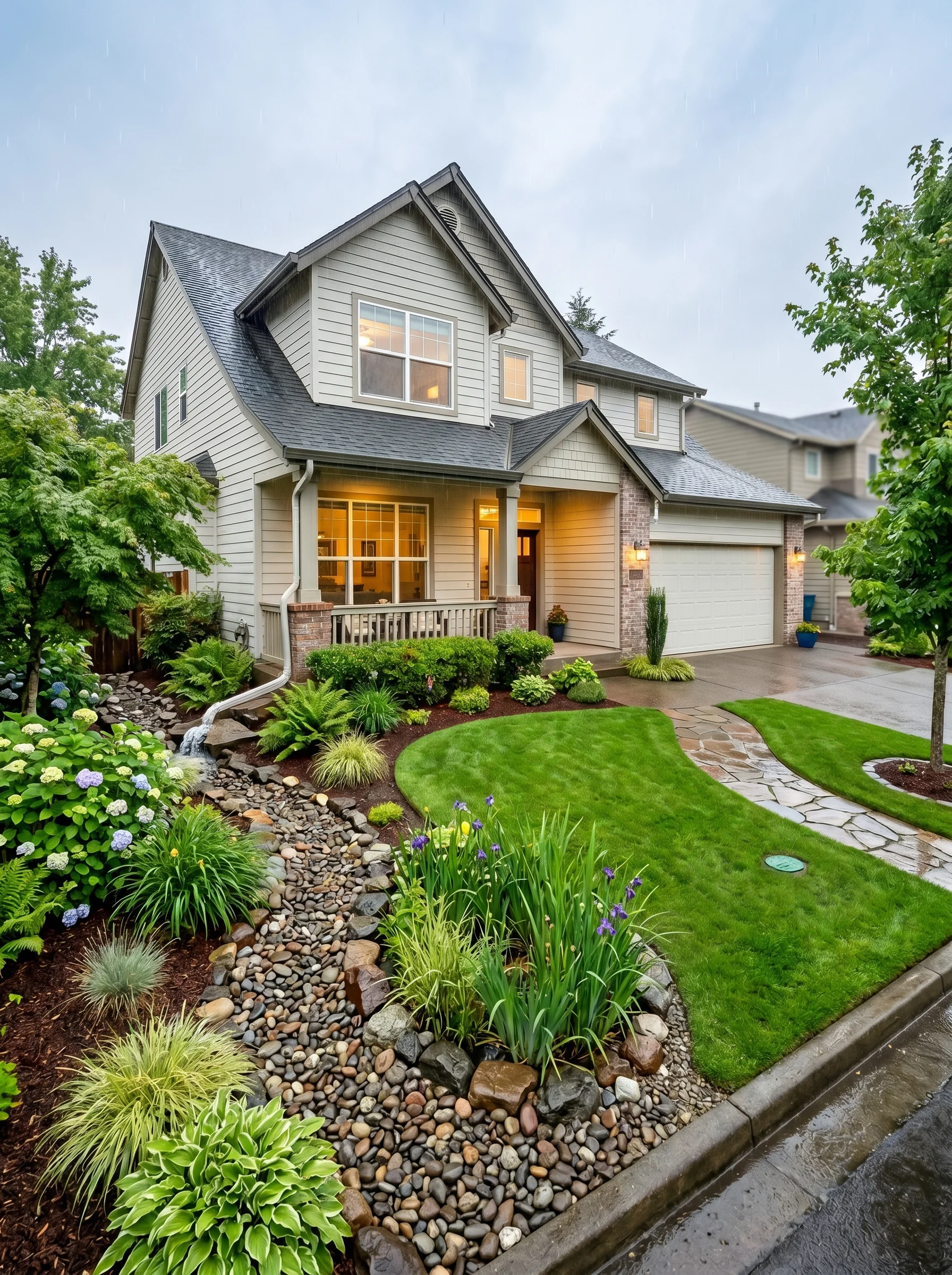 "Modern home with effective downspout drainage solutions protecting the foundation and landscaping from rainwater damage."