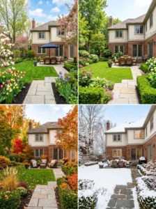 Clean and well-maintained backyard with healthy lawn, organized landscaping, and neat outdoor seating area.