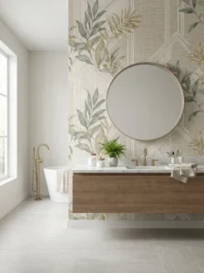 Modern bathroom featuring stylish wallpaper designs, brass fixtures, and elegant decor inspiration.