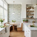 Modern kitchen with stylish wallpaper accent wall, white cabinets, marble countertops, and warm designer decor.