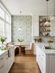 Modern kitchen with stylish wallpaper accent wall, white cabinets, marble countertops, and warm designer decor.