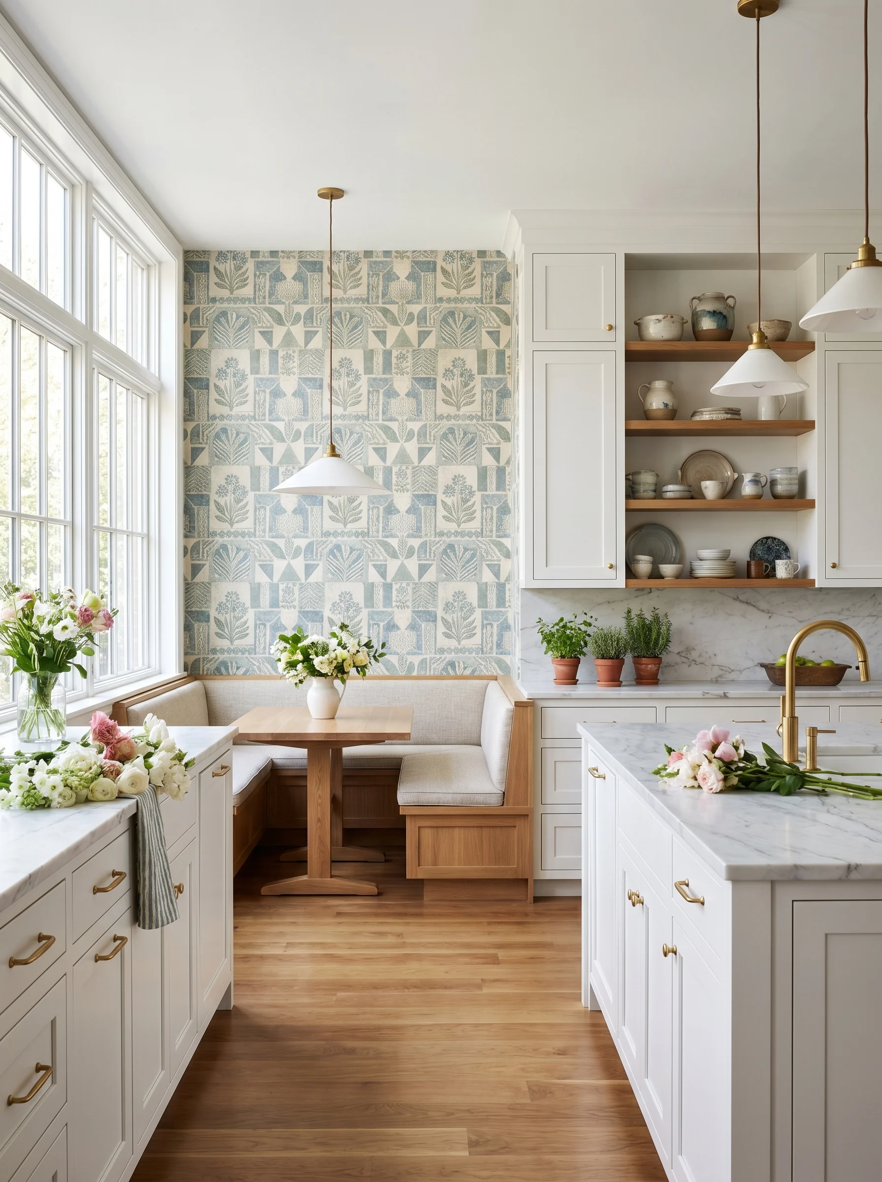 Modern kitchen with stylish wallpaper accent wall, white cabinets, marble countertops, and warm designer decor.
