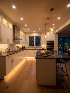 Kitchen showcasing layered lighting for both function and ambiance.
