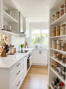 "Organized kitchen with decluttered counters and neatly arranged pantry storage."