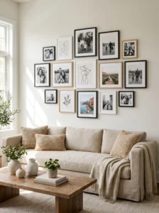 Gallery wall with mixed artwork and framed photos above a modern living room sofa.