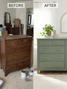 Painted vintage dresser with updated hardware in a stylish bedroom.