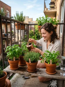 Beginner growing herbs in pots on a small apartment balcony.