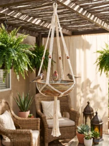 Macramé hanging bird bath adding bohemian charm to a patio.