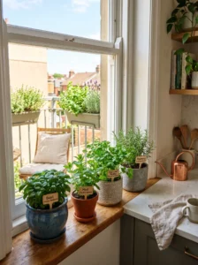 Small herb garden growing in containers on a sunny kitchen windowsill and balcony.