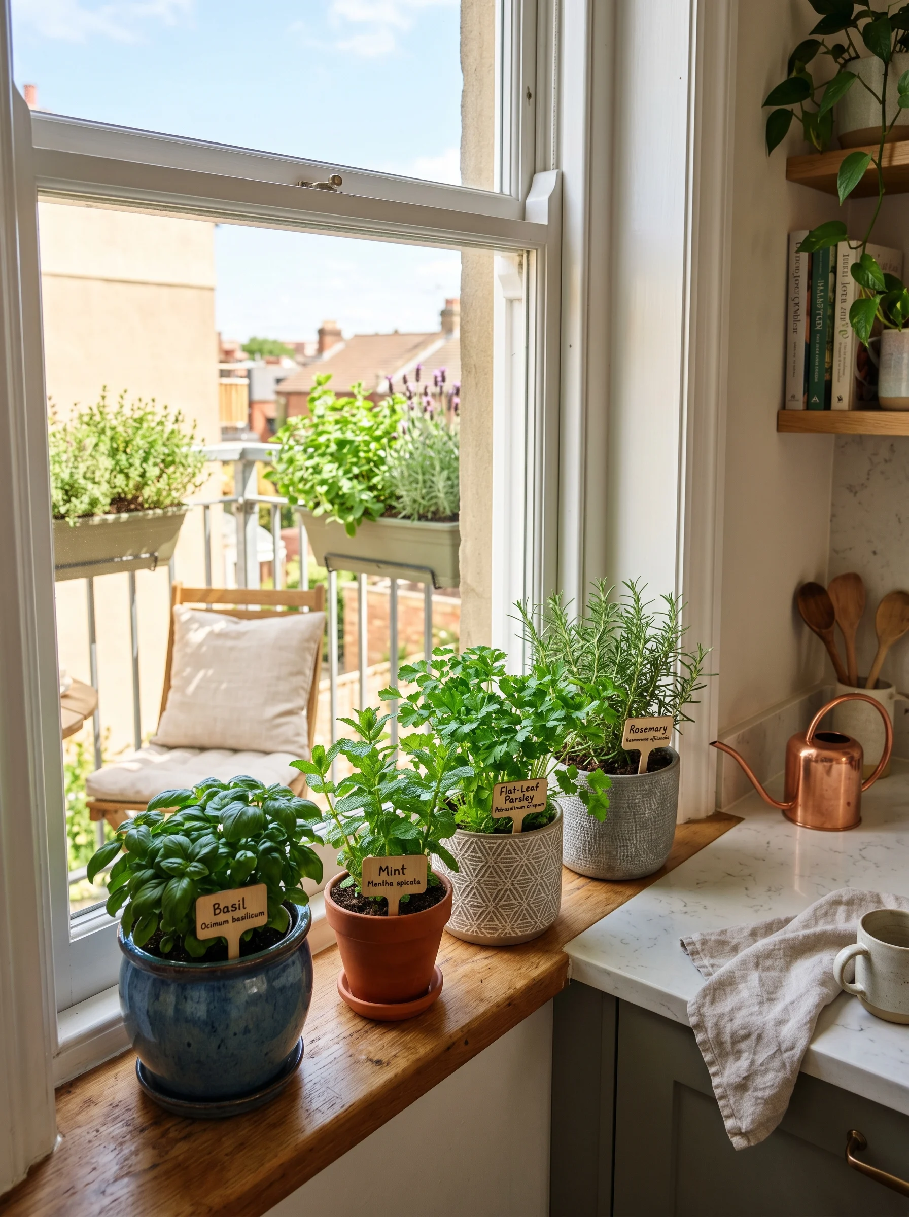 Small herb garden growing in containers on a sunny kitchen windowsill and balcony.