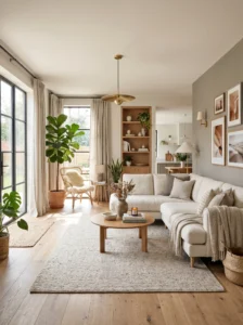 Beautifully decorated new home living room with modern furniture, plants, and cozy decor.